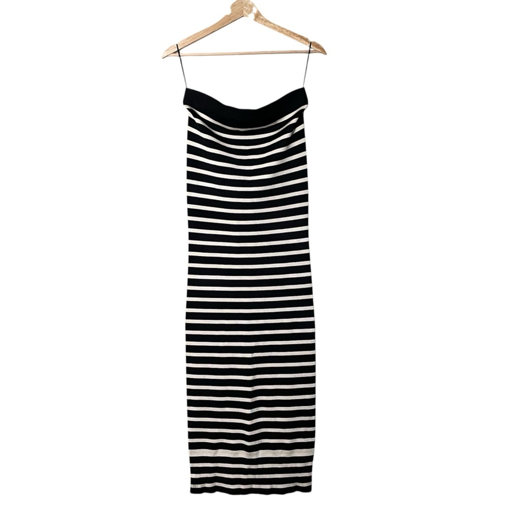 J. Crew Black and Cream Striped Strapless Dress